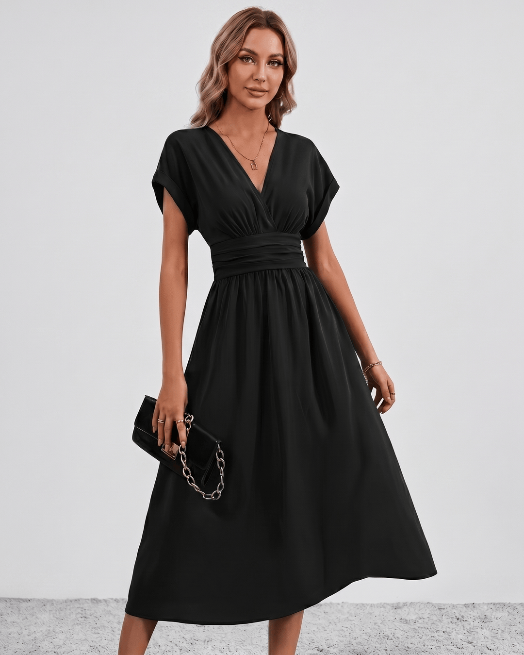 Women's V-Neck Midi Dress Batwing Sleeve Pleated A-Line
