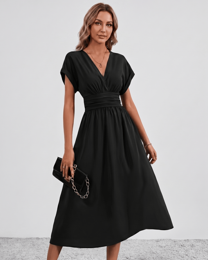 Women's V-Neck Midi Dress Batwing Sleeve Pleated A-Line