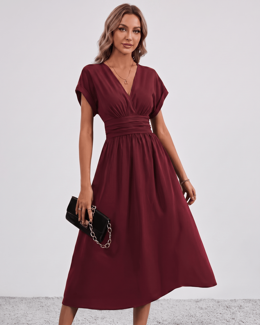 Women's V-Neck Midi Dress Batwing Sleeve Pleated A-Line