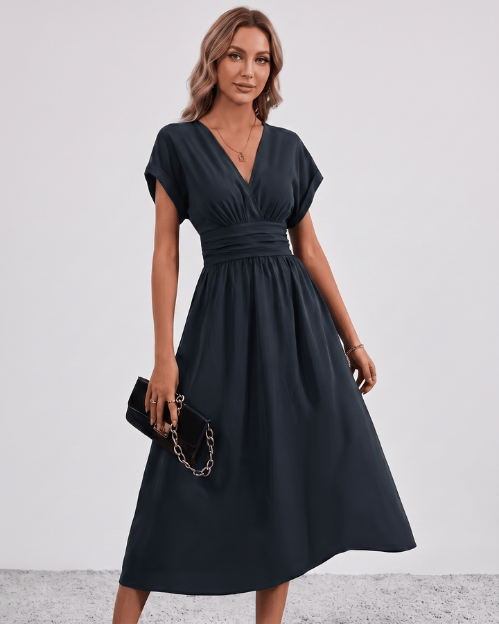 Women's V-Neck Midi Dress Batwing Sleeve Pleated A-Line