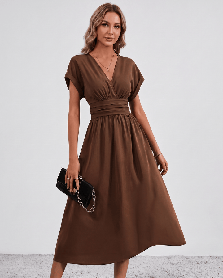 Women's V-Neck Midi Dress Batwing Sleeve Pleated A-Line