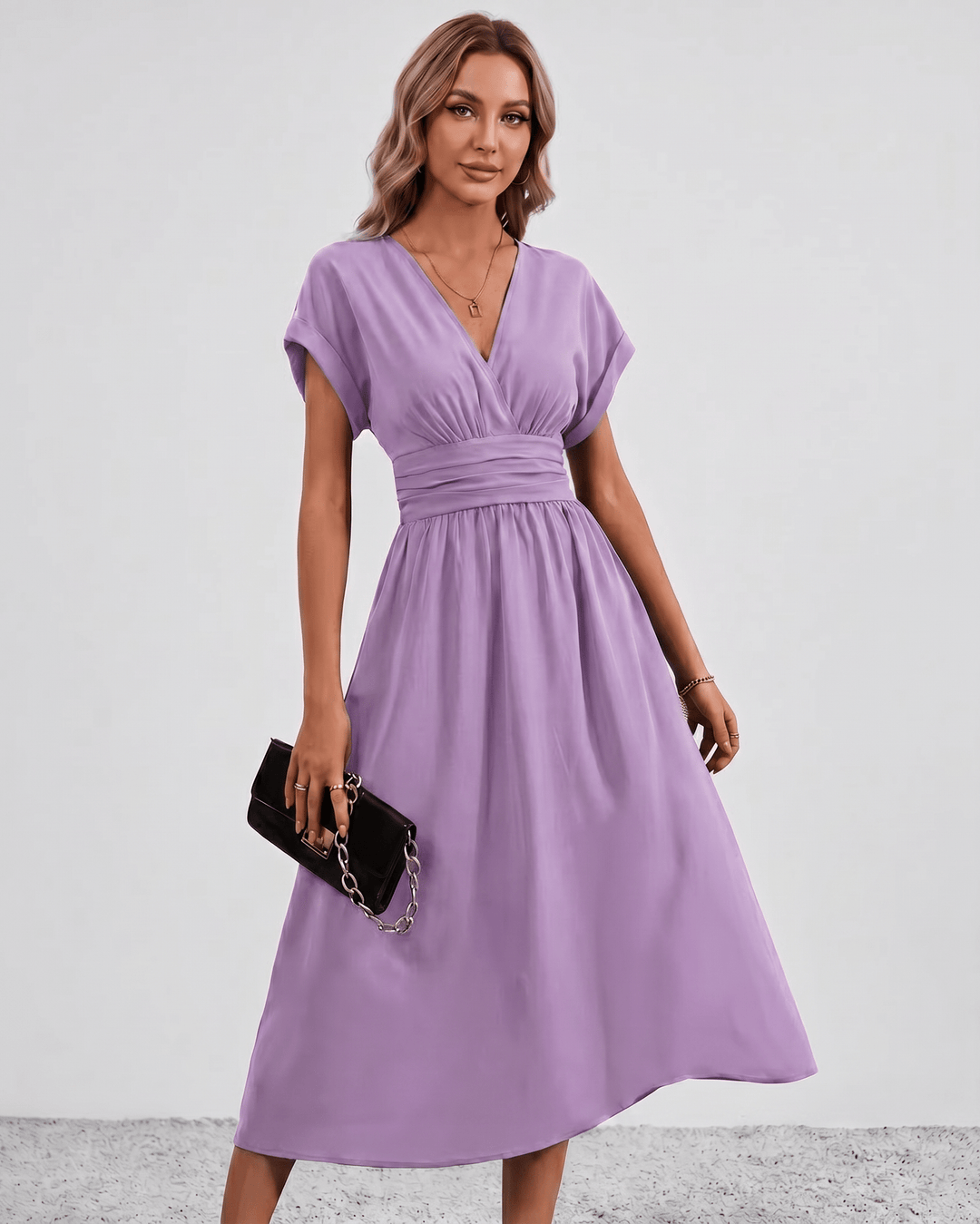 Women's V-Neck Midi Dress Batwing Sleeve Pleated A-Line