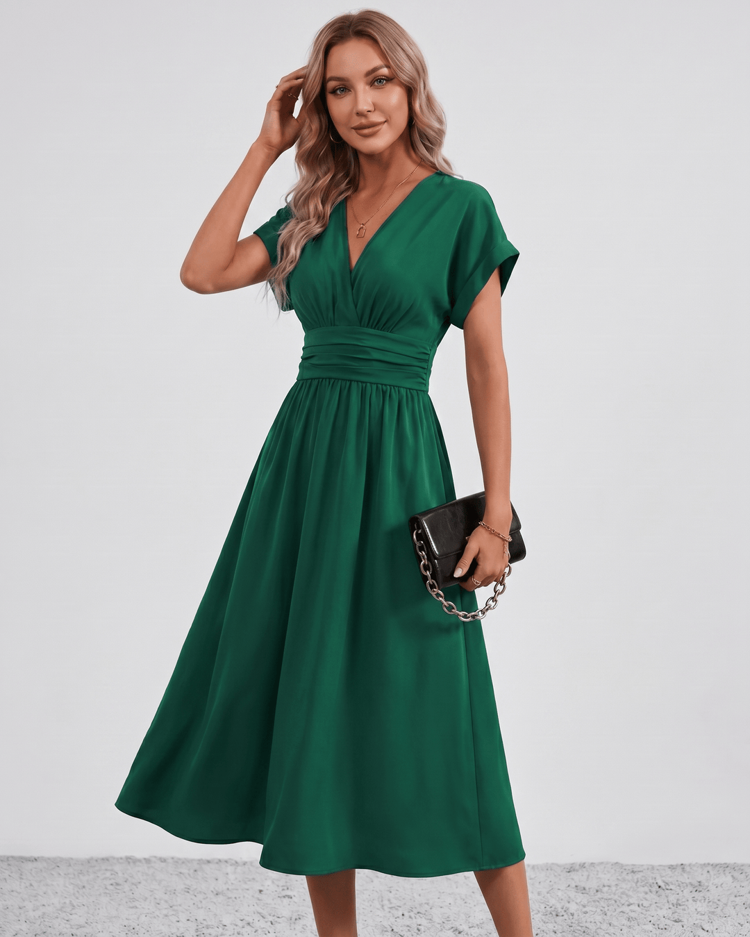 Women's V-Neck Midi Dress Batwing Sleeve Pleated A-Line
