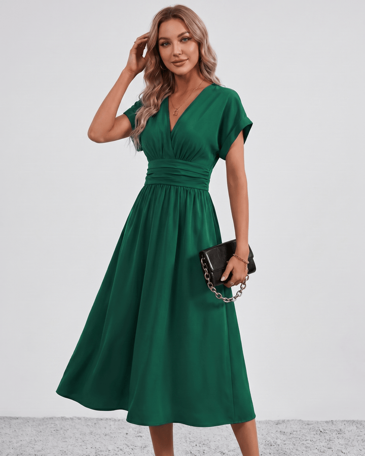 Women's V-Neck Midi Dress Batwing Sleeve Pleated A-Line
