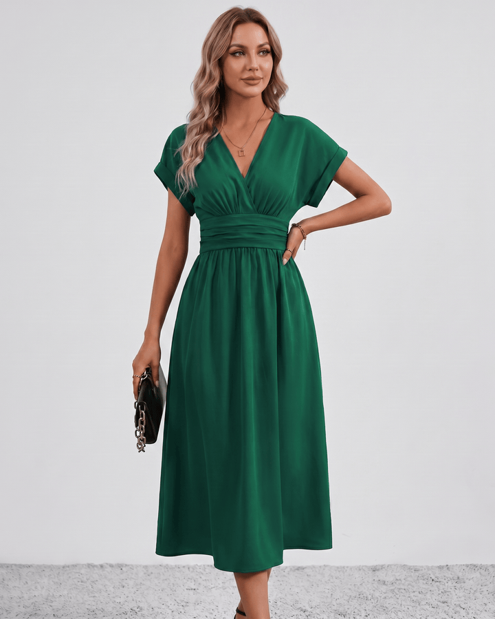 Women's V-Neck Midi Dress Batwing Sleeve Pleated A-Line