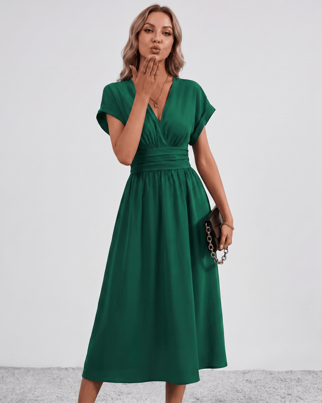Women's V-Neck Midi Dress Batwing Sleeve Pleated A-Line