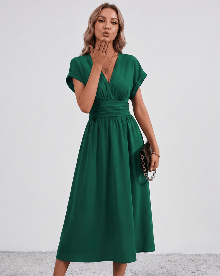 Women's V-Neck Midi Dress Batwing Sleeve Pleated A-Line