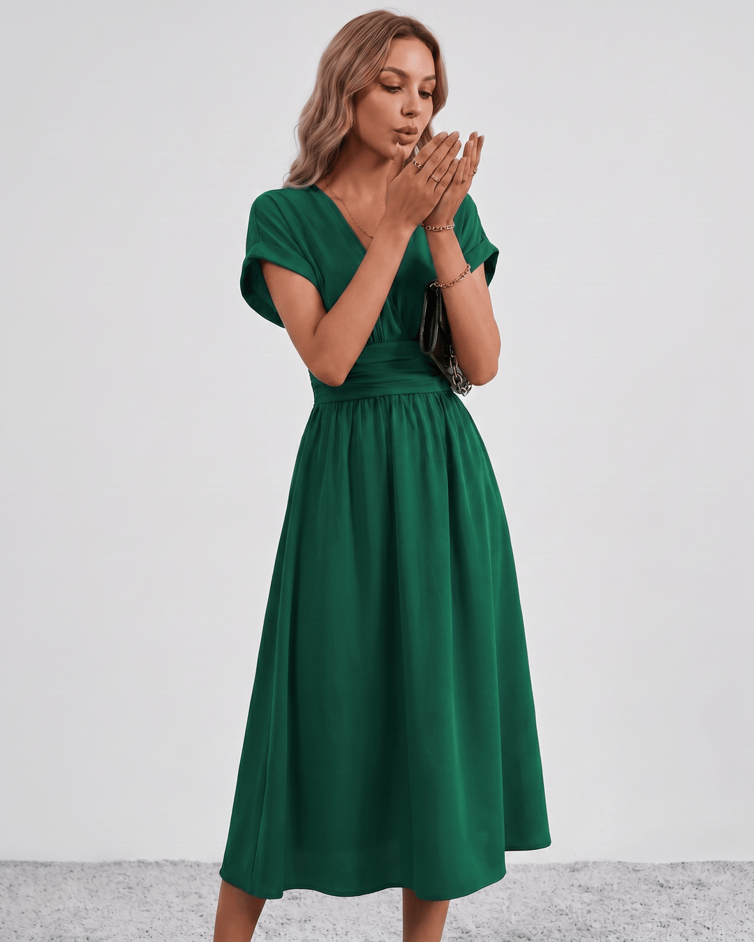 Women's V-Neck Midi Dress Batwing Sleeve Pleated A-Line