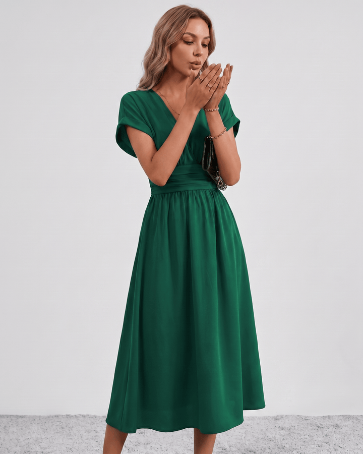 Women's V-Neck Midi Dress Batwing Sleeve Pleated A-Line