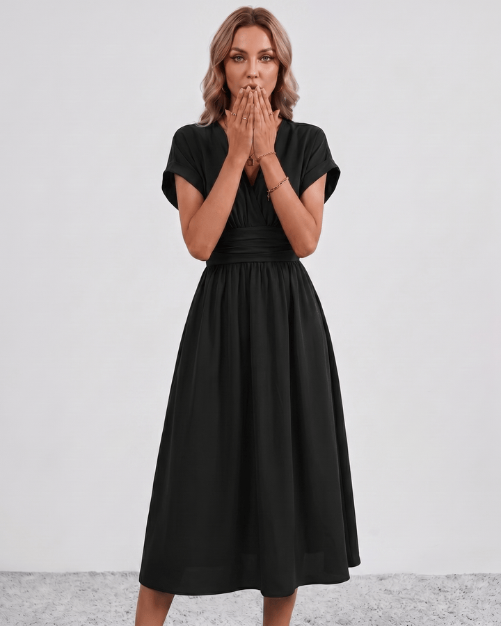 Women's V-Neck Midi Dress Batwing Sleeve Pleated A-Line