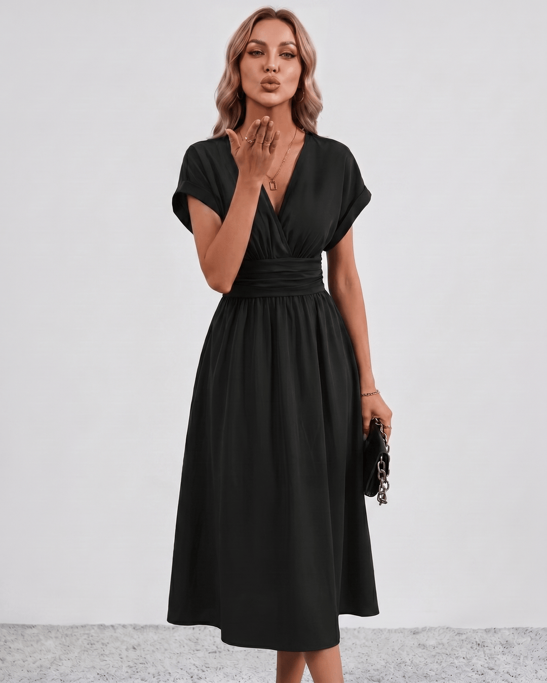 Women's V-Neck Midi Dress Batwing Sleeve Pleated A-Line