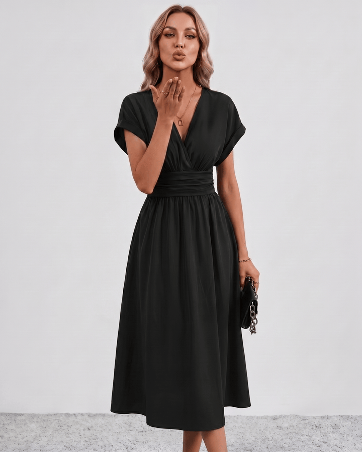 Women's V-Neck Midi Dress Batwing Sleeve Pleated A-Line