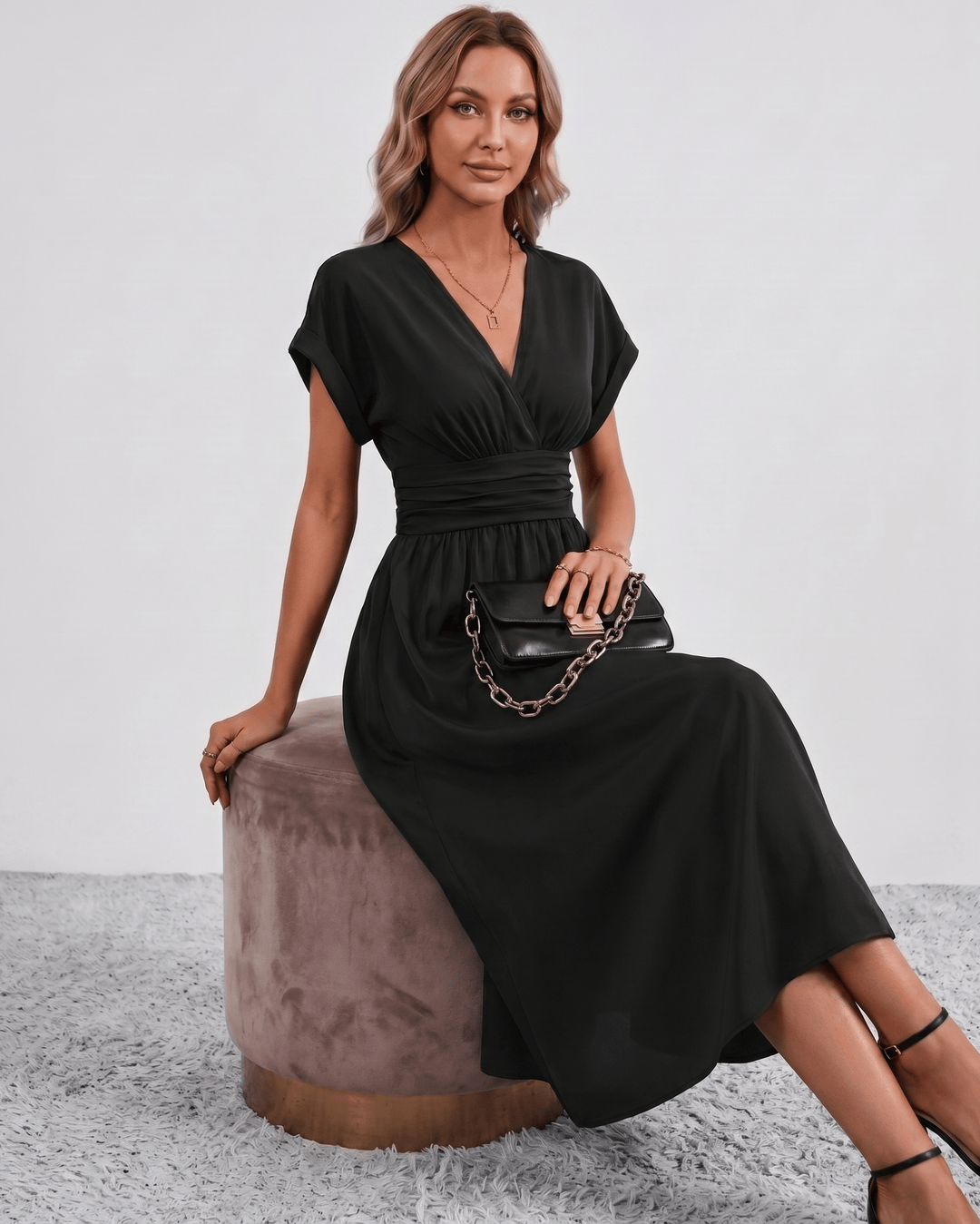 Women's V-Neck Midi Dress Batwing Sleeve Pleated A-Line