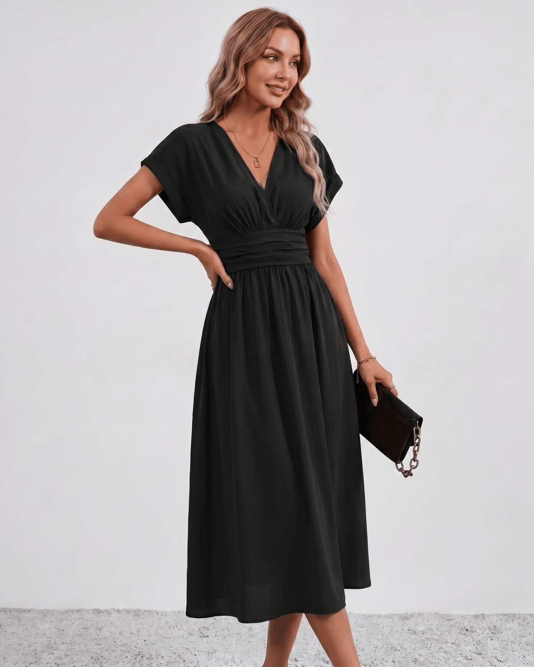 Women's V-Neck Midi Dress Batwing Sleeve Pleated A-Line