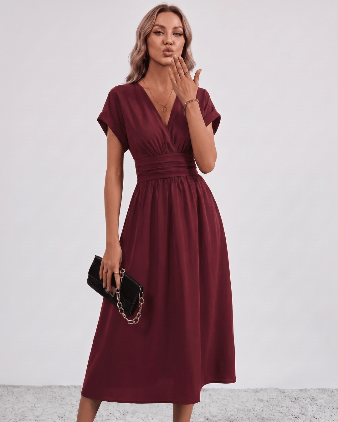 Women's V-Neck Midi Dress Batwing Sleeve Pleated A-Line