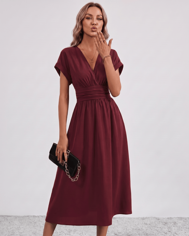 Women's V-Neck Midi Dress Batwing Sleeve Pleated A-Line