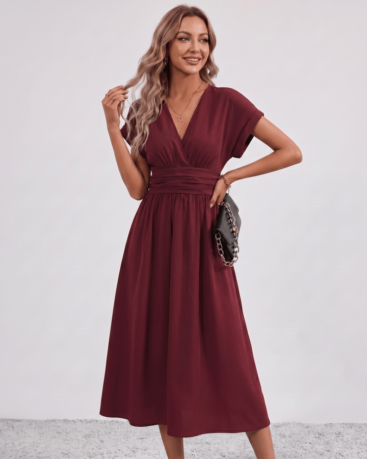 Women's V-Neck Midi Dress Batwing Sleeve Pleated A-Line
