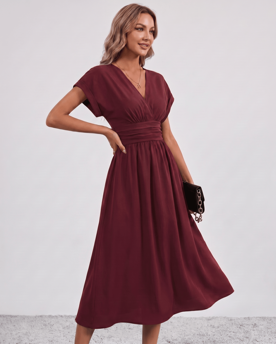 Women's V-Neck Midi Dress Batwing Sleeve Pleated A-Line