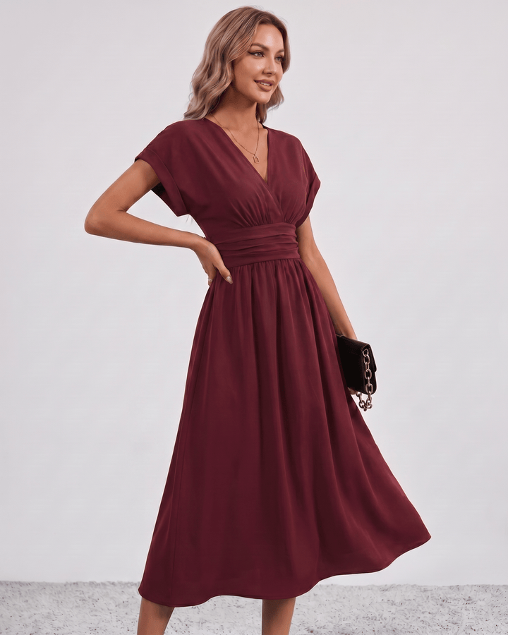 Women's V-Neck Midi Dress Batwing Sleeve Pleated A-Line