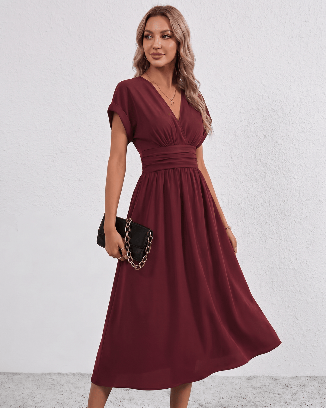 Women's V-Neck Midi Dress Batwing Sleeve Pleated A-Line
