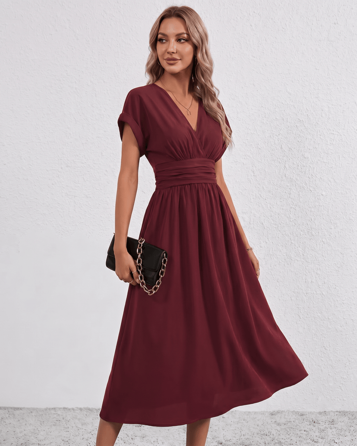 Women's V-Neck Midi Dress Batwing Sleeve Pleated A-Line