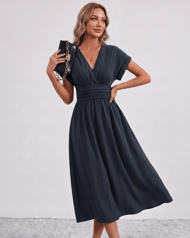 Women's V-Neck Midi Dress Batwing Sleeve Pleated A-Line