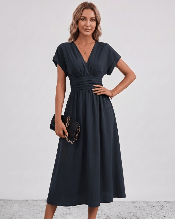 Women's V-Neck Midi Dress Batwing Sleeve Pleated A-Line