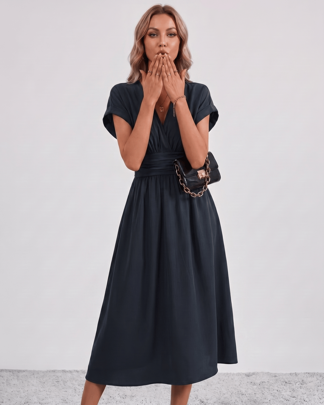 Women's V-Neck Midi Dress Batwing Sleeve Pleated A-Line