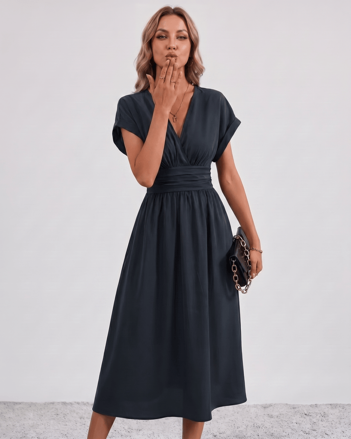Women's V-Neck Midi Dress Batwing Sleeve Pleated A-Line