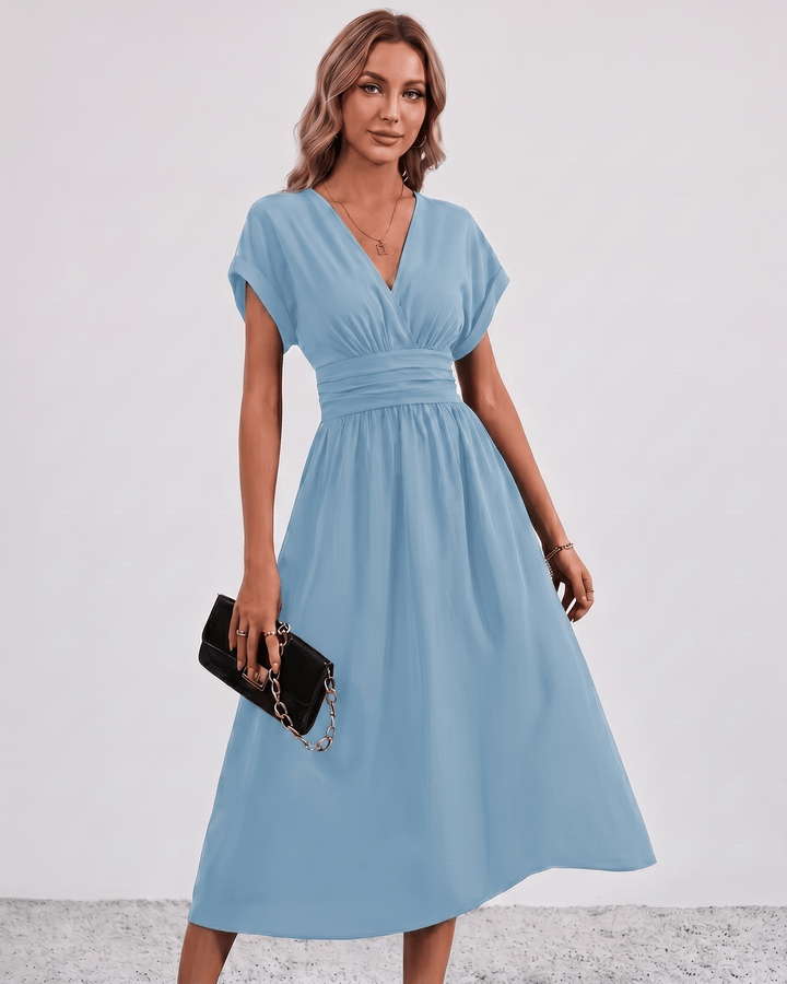 Women's V-Neck Midi Dress Batwing Sleeve Pleated A-Line