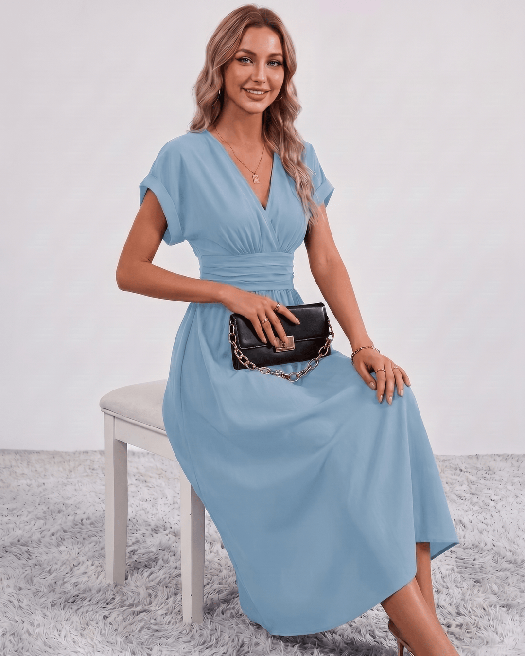 Women's V-Neck Midi Dress Batwing Sleeve Pleated A-Line