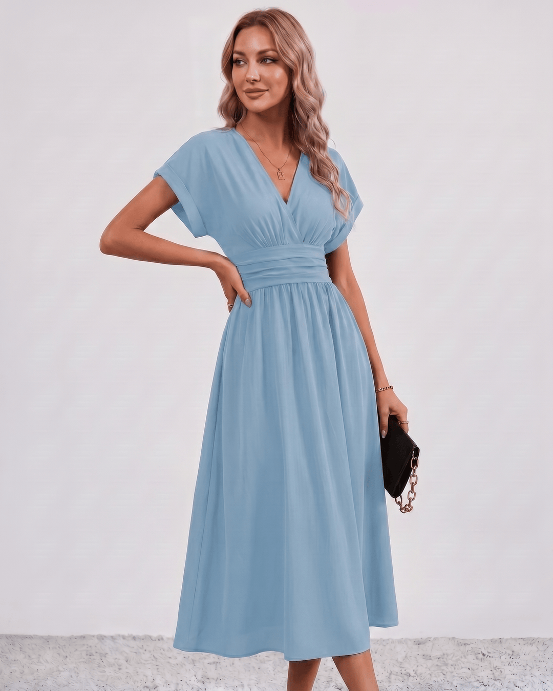 Women's V-Neck Midi Dress Batwing Sleeve Pleated A-Line