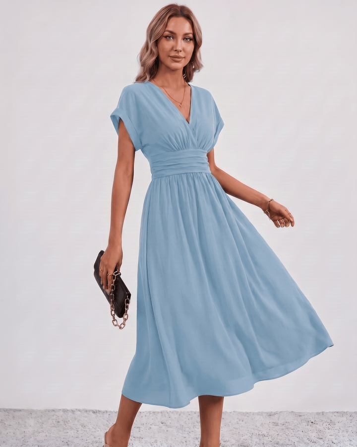 Women's V-Neck Midi Dress Batwing Sleeve Pleated A-Line
