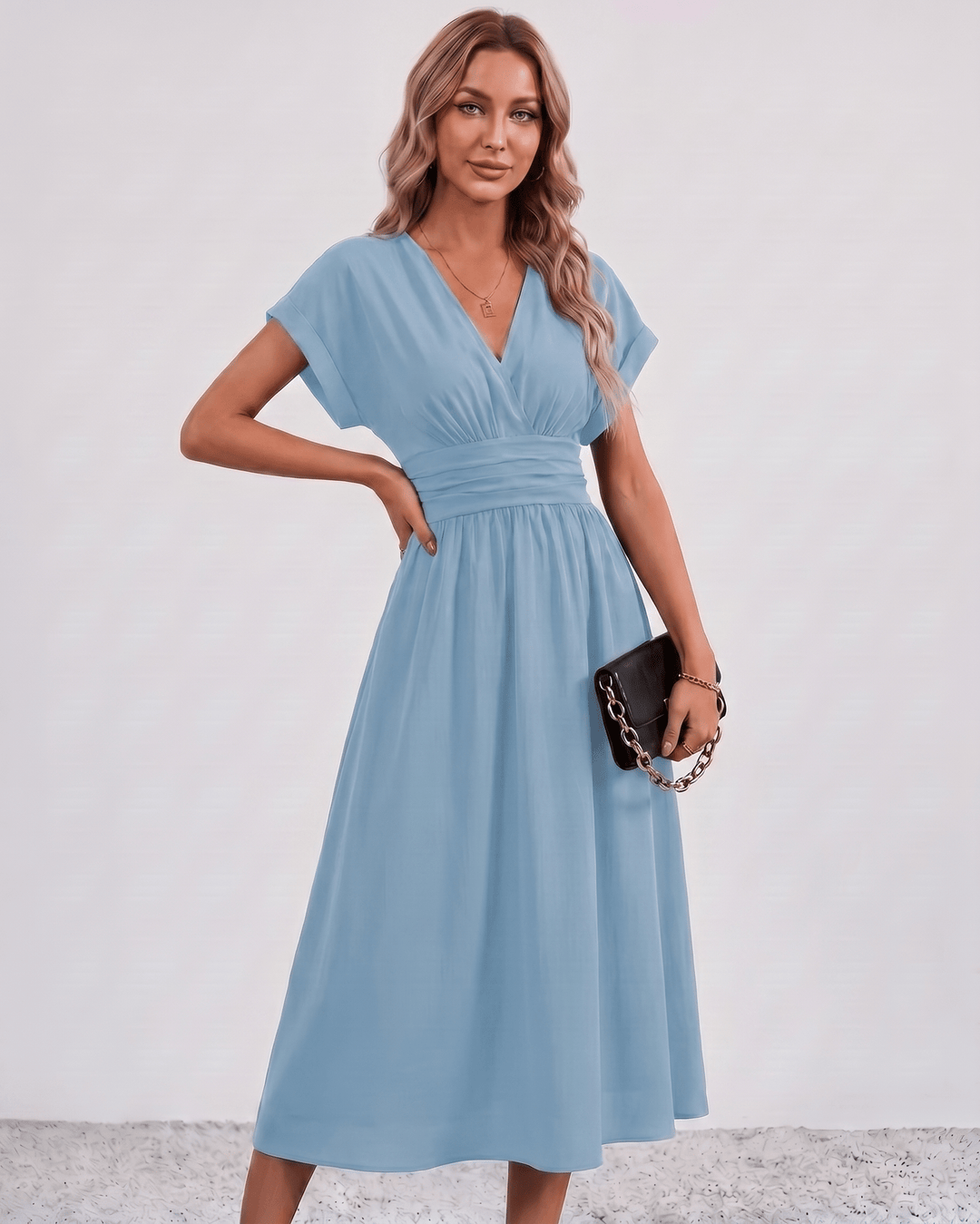 Women's V-Neck Midi Dress Batwing Sleeve Pleated A-Line