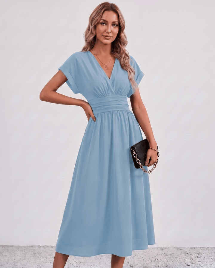 Women's V-Neck Midi Dress Batwing Sleeve Pleated A-Line