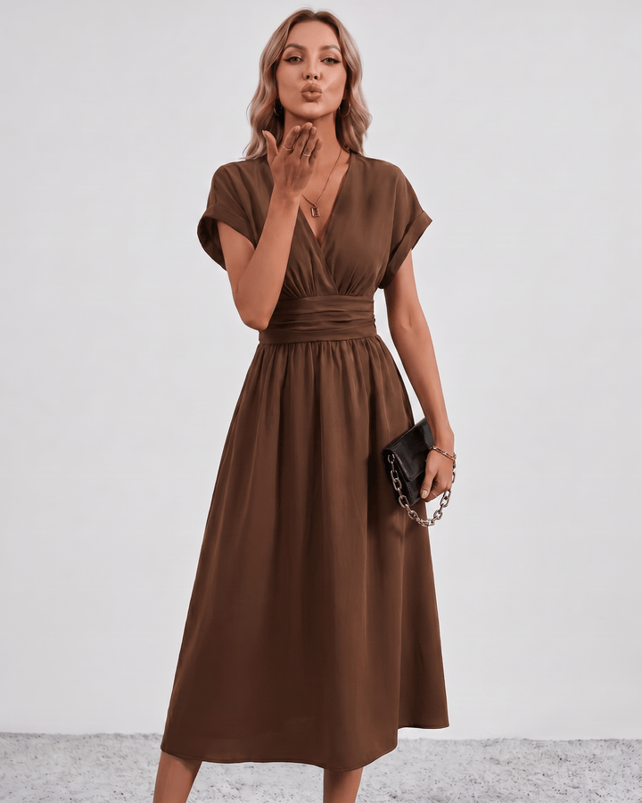Women's V-Neck Midi Dress Batwing Sleeve Pleated A-Line
