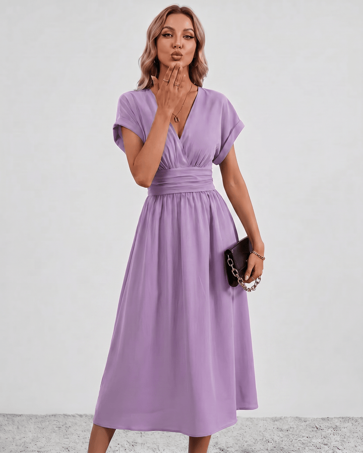 Women's V-Neck Midi Dress Batwing Sleeve Pleated A-Line