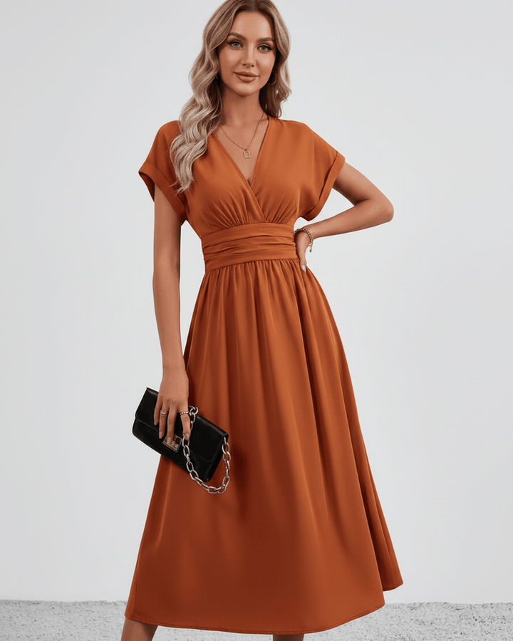 Women's V-Neck Midi Dress Batwing Sleeve Pleated A-Line