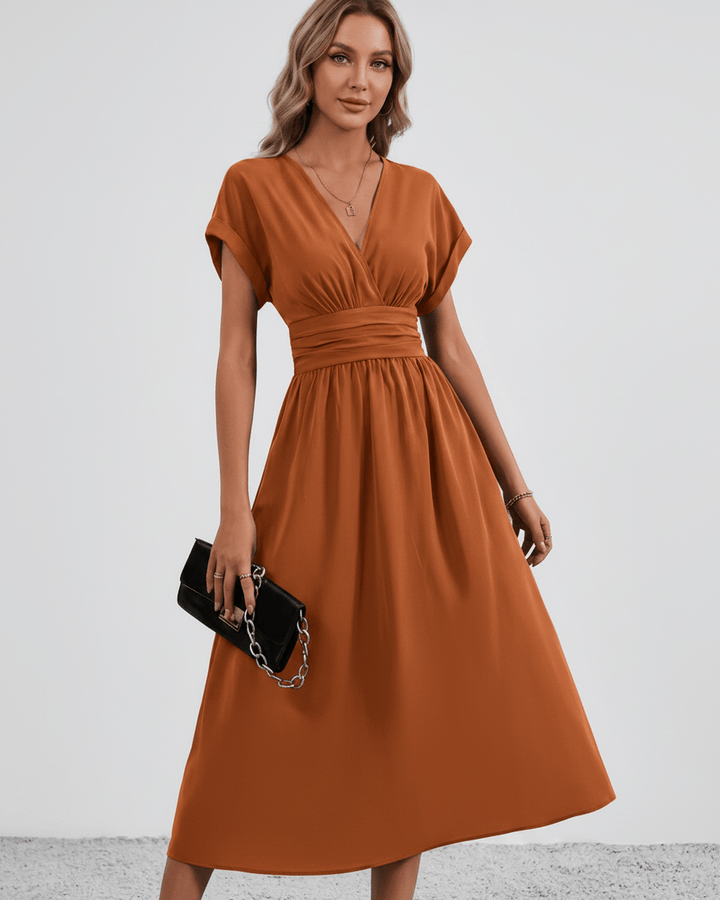 Women's V-Neck Midi Dress Batwing Sleeve Pleated A-Line