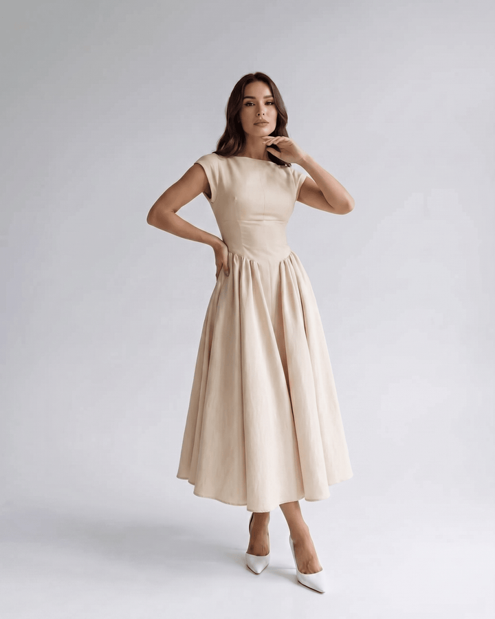 Women's A-Line Midi Dress Cap Sleeve Fitted Bodice