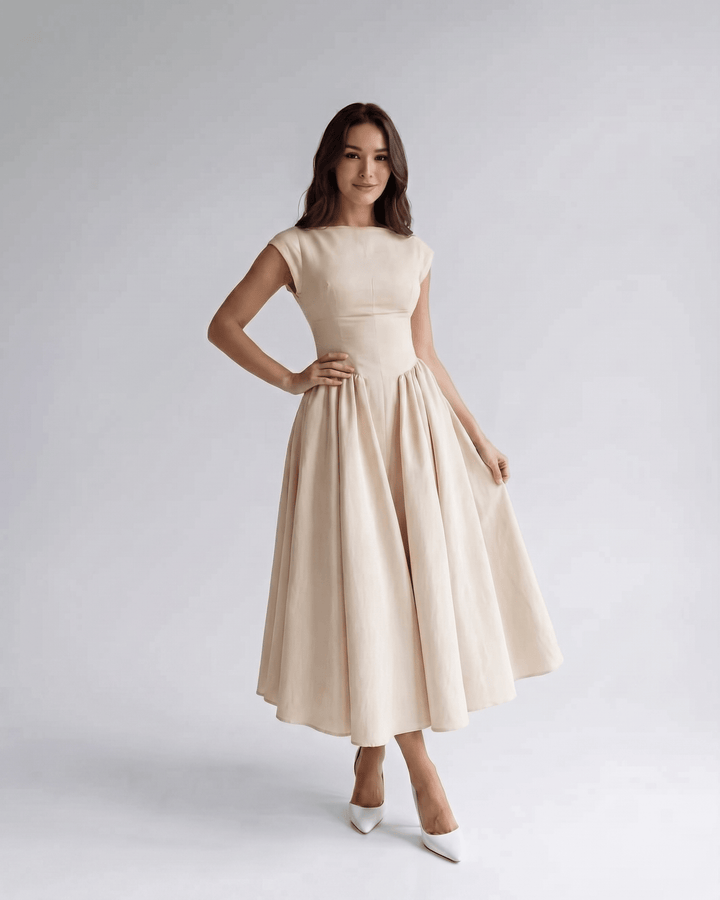 Women's A-Line Midi Dress Cap Sleeve Fitted Bodice