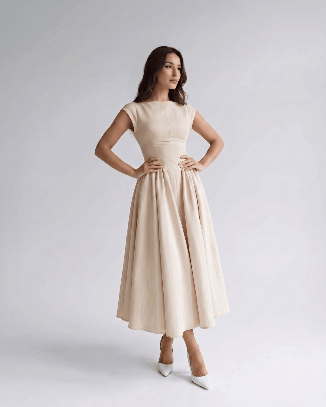 Women's A-Line Midi Dress Cap Sleeve Fitted Bodice