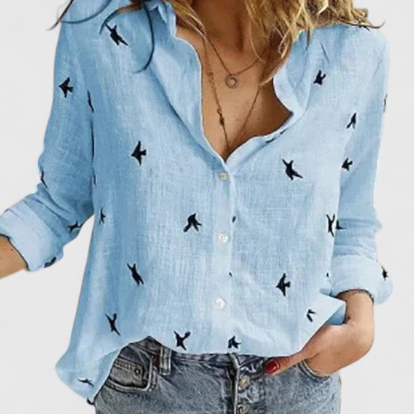 Women's Linen Button Down Shirt with Lapel Collar and Curved Hem