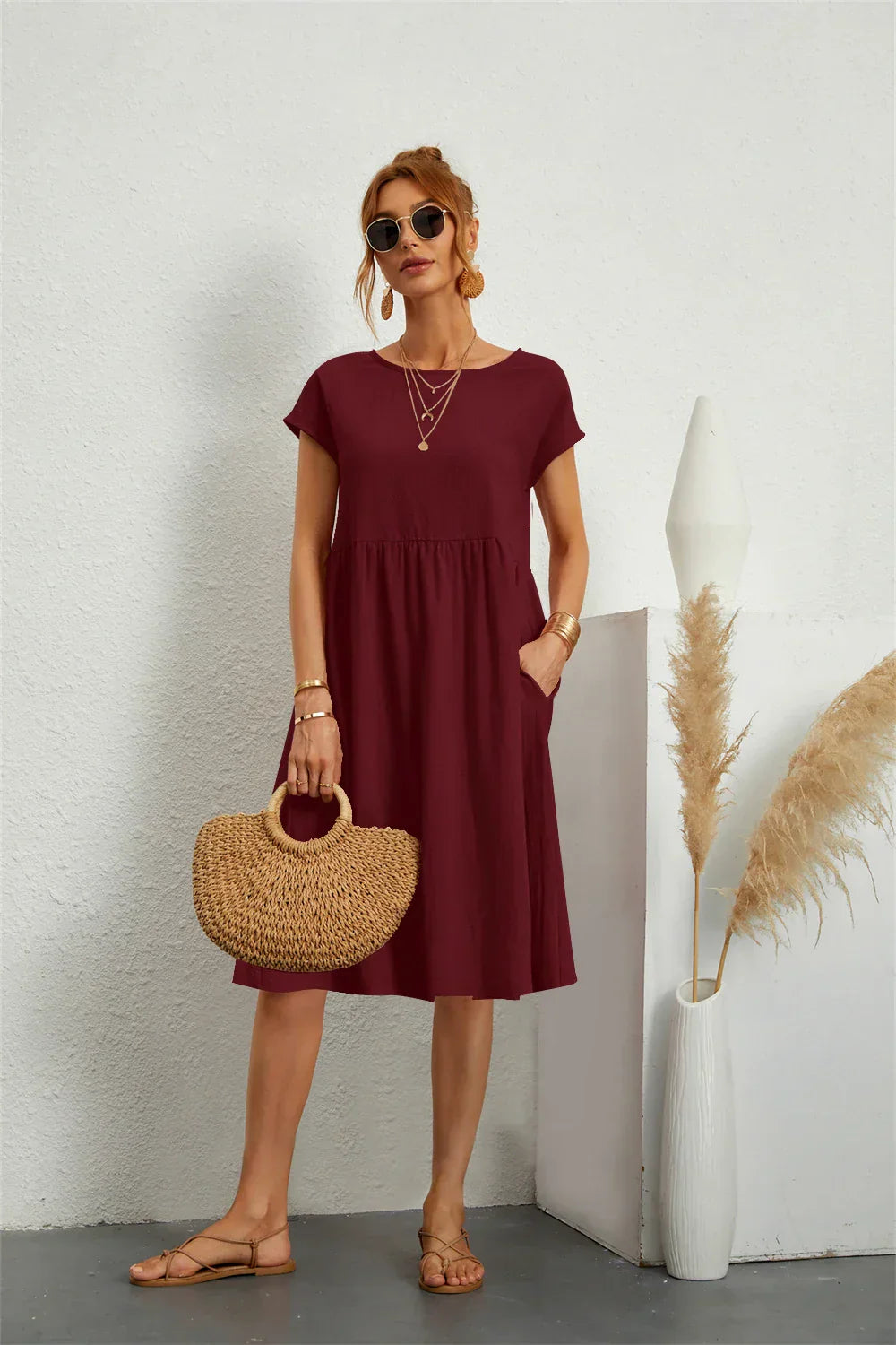 Women's Casual Midi Dress with Side Pockets