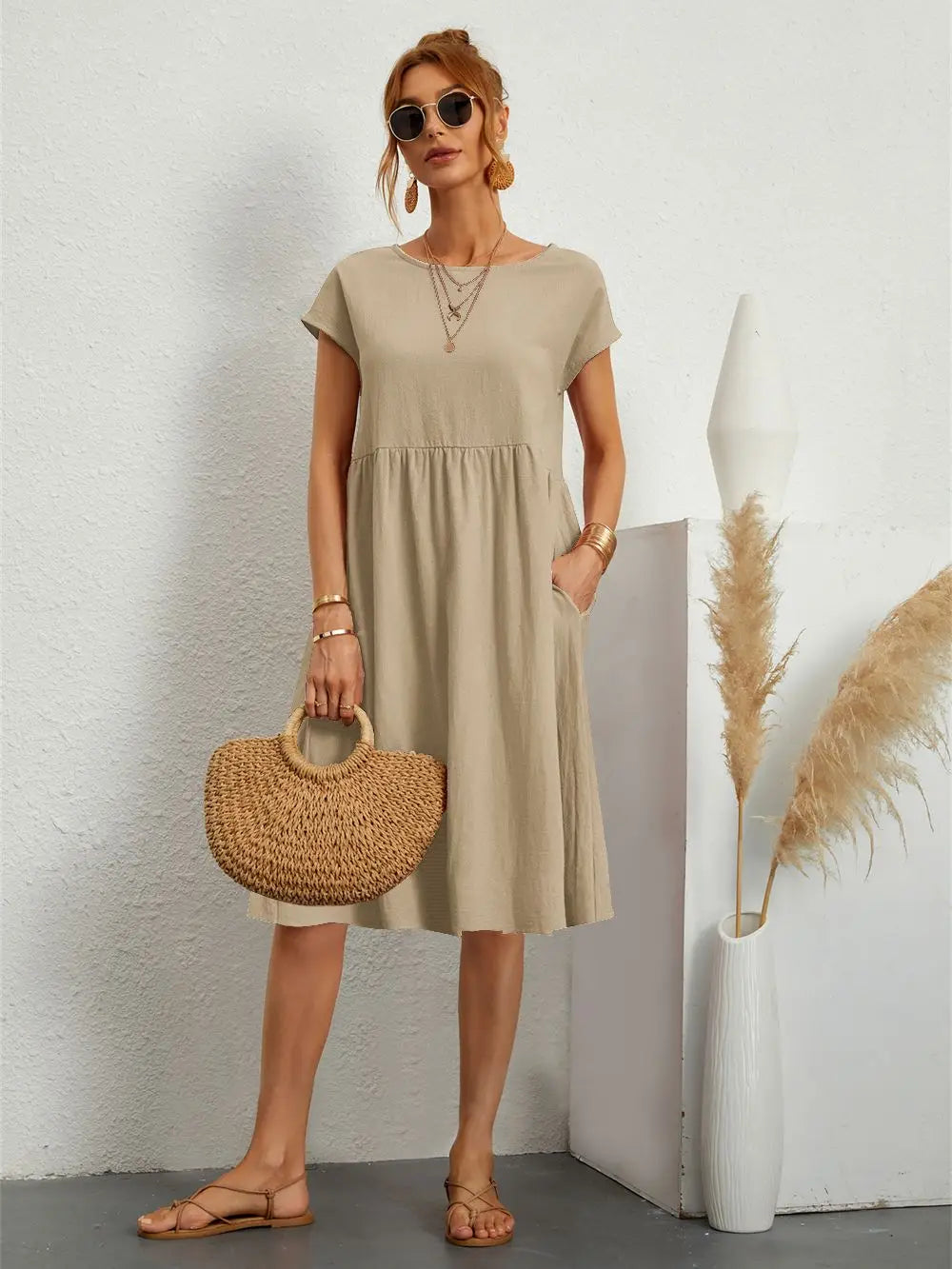 Women's Casual Midi Dress with Side Pockets