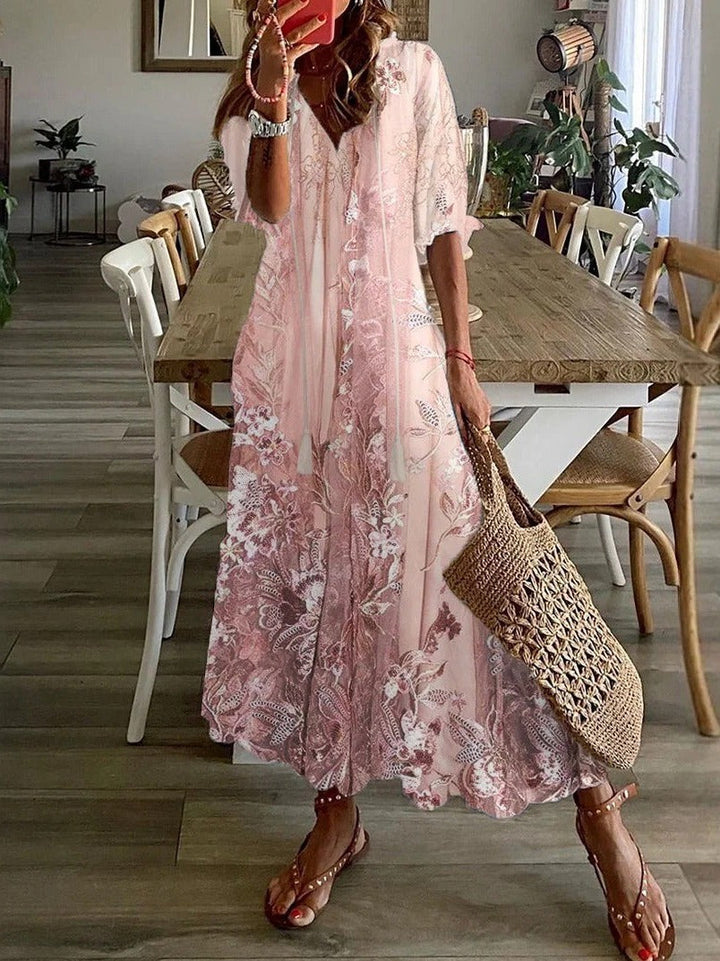 Women's Floral Lace Print V-Neck Half Sleeve Maxi Dress