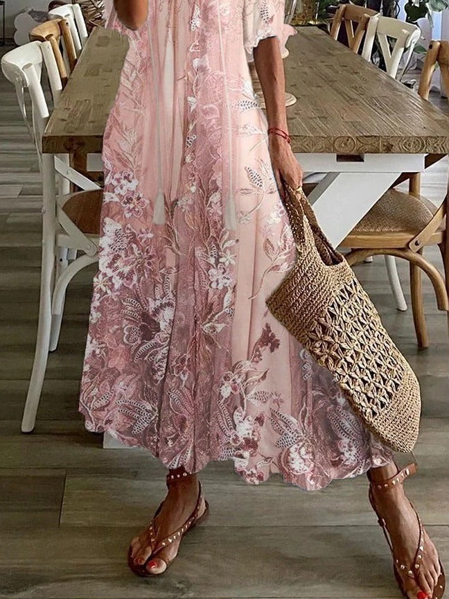 Women's Floral Lace Print V-Neck Half Sleeve Maxi Dress