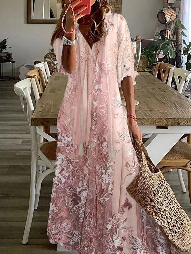 Women's Floral Lace Print V-Neck Half Sleeve Maxi Dress