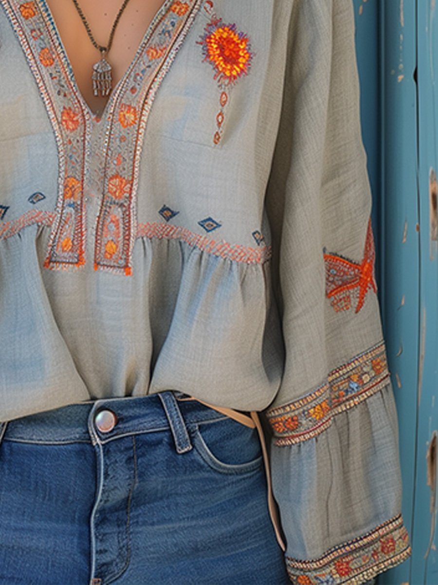 Women's Boho Embroidered V-Neck Blouse Bell Sleeve Top