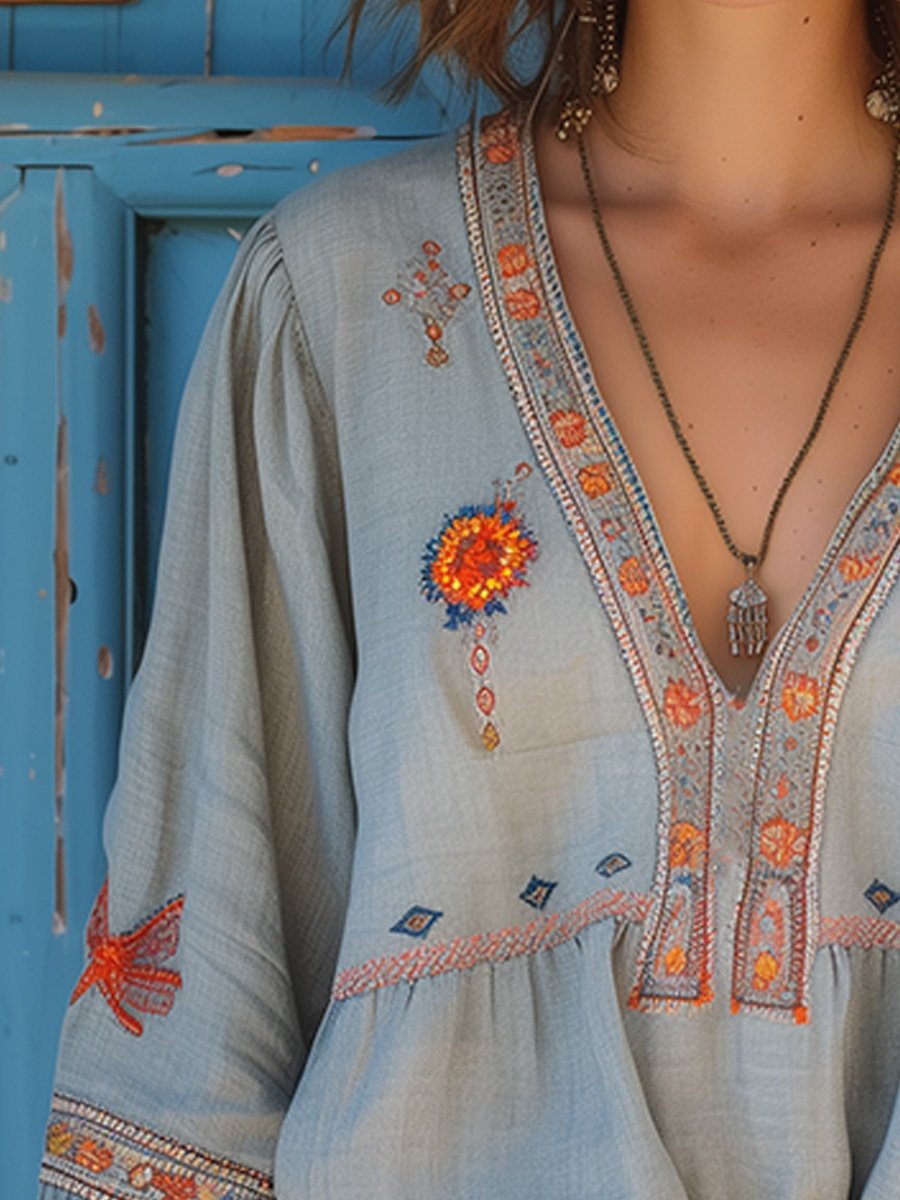 Women's Boho Embroidered V-Neck Blouse Bell Sleeve Top